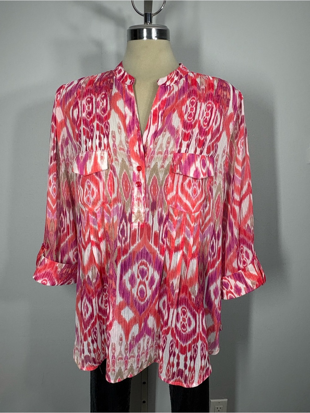 Zac & Rachel Pink and Coral Ikat Split-Neck Tunic Size XL